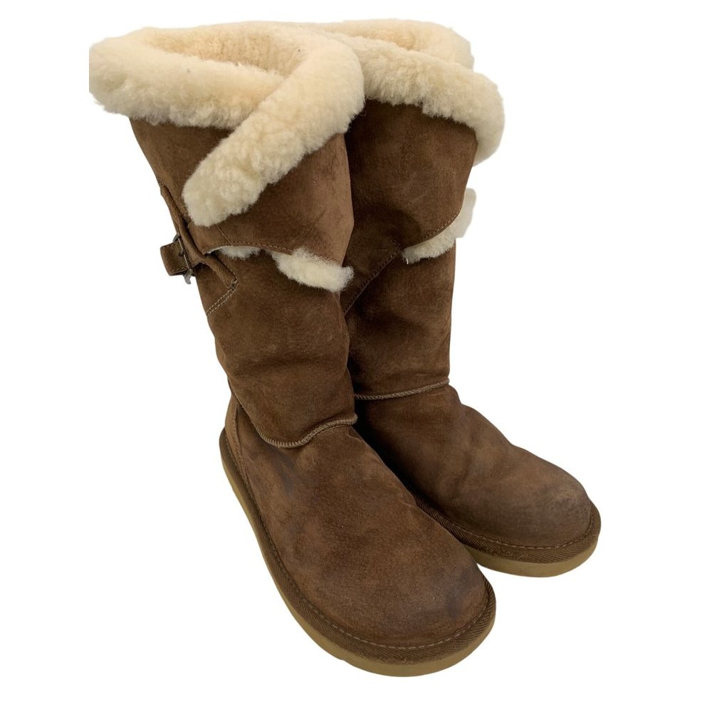 7 UGG Womens Tall Brown Messenger Pocket Shearling Boots Buckle Detail 8587 - Picture 2 of 14